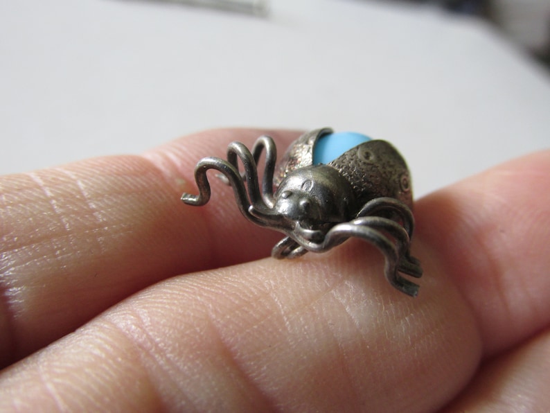 Sterling Dead Pawn BEETLE PIN w Sky Blue Milk Glass Bead C Clasp Unmarked Tested 925 Purchased New Mexico 1960 In Style of Fred Harvey etc