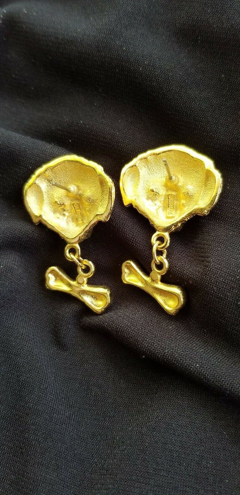 L RAZZA DOG Pierced EARRINGS Sapphire Blue Eyes Dangling Bone Accents Gold Plated Collectible Canine Friendly For Groomer Vet Humane Society image 8