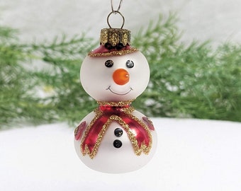 Miniature Glass Snowman Ornament, Delicate Hand Painted Red Bow w/ Gold Glitter, Vintage Collectible in Exceptional Condition 1.25" x 2"