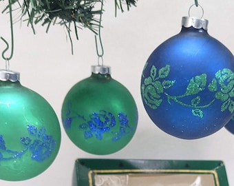 4 Hand Decorated Glittery Green and Blue Glass Ornaments in Original Christmas Classics Box, Large Sized 2 5/8" Baubles, USA Made