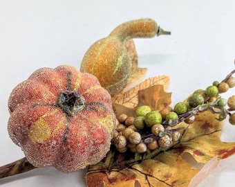 Fall Autumn Thanksgiving Floral Pick Spray with Pumpkin, Gourd and Berry Clusters - Wreath Basket Millinery Supply