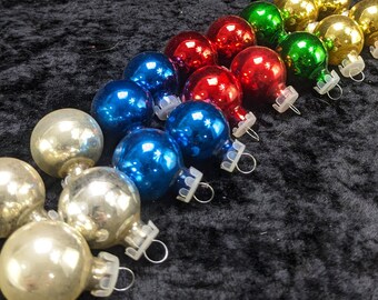 18 Miniature Bright Silver, Blue, Red, Green, and Yellow Glass Ball Ornaments w/ Clear Tops, 1" x 1.25" Feather Tree Christmas Baubles