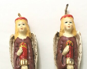 2 Christmas Angel Candles; 6" Carved Novelty Figurine Candle; Maroon Brown Angel with Feathered Wings