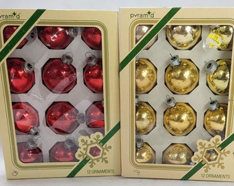 12 Red and/or Gold Ornaments in Original Pyramid Box for Storage - Sold Individually to Fit Your Needs, USA Made Large Glass Baubles 1.75"