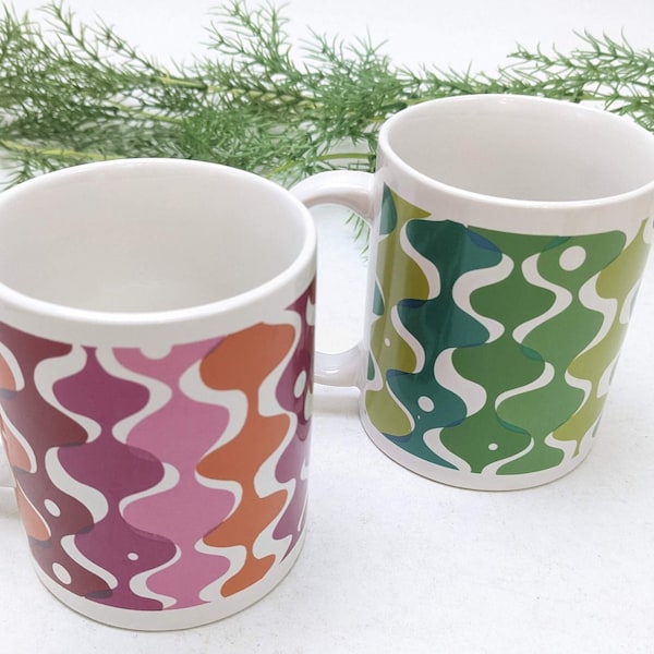Retro Wavy Atomic Geometric Coffee Tea Mug - Orange/Red/Pink or Olive/Greens - Sold Individually to Suit Your Needs - Fun Kitchen Cup Gift
