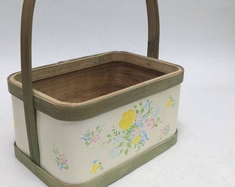 Light and Natural Floral Wood Painted Basket, Solid Wooden Base, Spring Flower Girl Easter Wedding Farmhouse 8"x5" wide, w/ handle 10" tall