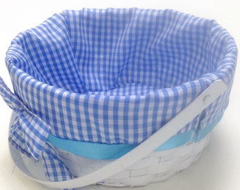 glossy white basket blue gingham lined, 8.5" wide, 4" deep; Christmas office coworker teacher gift idea