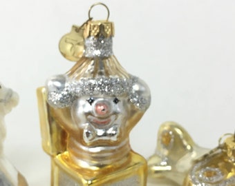 Dept 56 Gold and Silver Glass Glass Ornament Set (3) - Plane, Rocking Horse, Snowman Jack in a Box; Baby Shower Children's Collection