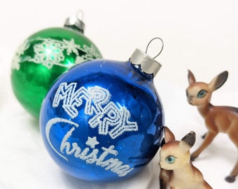 Blue and Green Mica Glittered Glass Ornaments, Hand Decorated Merry Christmas Large Sized Baubles, USA Made