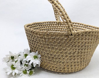 Whimsical Handwoven Round Basket with Handle, Natural Tan, Large Yarn Basket, Toy Nursery Storage Coiled Basket, Market Bag, Kitchen Decor