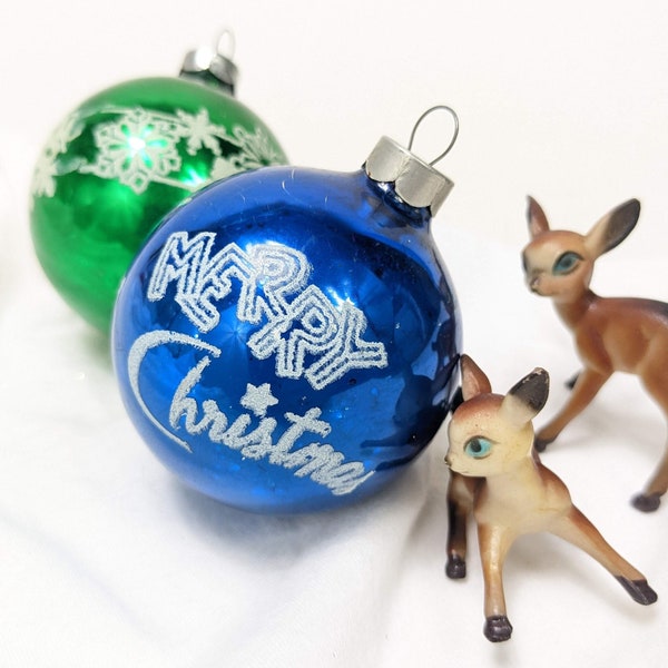 Blue and Green Mica Glittered Glass Ornaments, Hand Decorated Merry Christmas Large Sized Baubles, USA Made