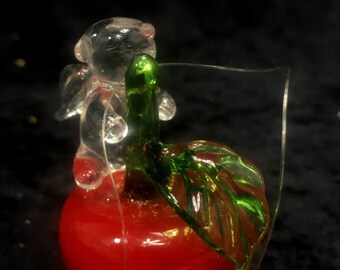 Flying Pig on Red Apple Ornament, Handblown Glass Figurine, Super Small 1.25"x2.25"; Hard to Find Farmhouse Cottage Fun Kitchen Gift