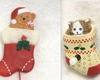 mechanical Christmas stocking brooch, ugly sweater pin; your choice:  pop up bear or musical kitty cat