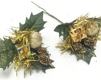 Sparkly Gold Floral Pick with Wrapped Present, Natural Pinecones and Glitter Accent | Sold Individually | Christmas Gift Wreath Cluster