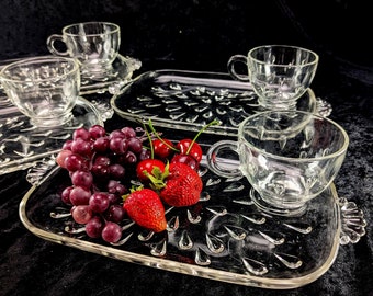 Clear Textured Glass Luncheon Set for 4 - Vintage Teatime - Hazel Atlas Snack Plates & Tea Cups - Teardrop Design - Exceptional Gift