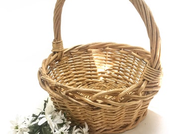 chunky wicker basket, large round farmhouse cottage garden decor, market basket; 13.5" round, 5" deep, 14" tall