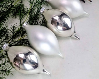 4 Large Teardrop Ornaments in Shiny Silver and Soft Ivory, Vintage Mercury Glass Bauble, Large Oval Balls 5" x 2.5"