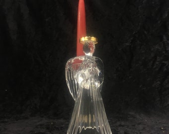 stunning 24% lead crystal glass angel candle holder with candle, table mantel candlestick decor, large sized 7" tall, 3.25" wide