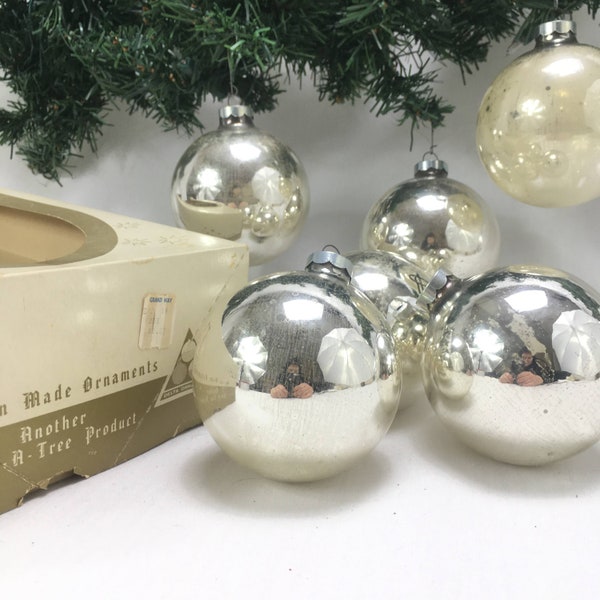 6 very large silver glass ball ornaments (3.5") with hooks in original Trim A Tree box, USA made vintage very distressed mercury glass