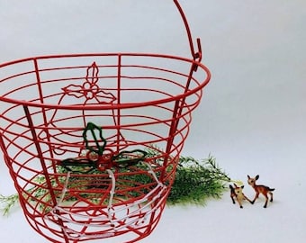 Red Metal Wire Basket with Handle and Christmas Accents, Fun Holiday Storage Kitchen Decor Gift Basket