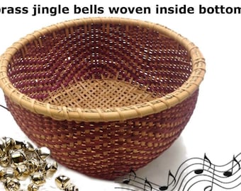 African bell basket; round wicker basket with brass bells woven inside bottom, great cat toy basket