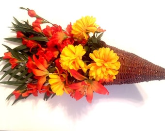 wicker cornucopia horn basket; LARGE Thanksgiving centerpiece, 10" wide, 24" tall, Fall flower table display; statement piece