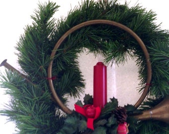 Very LARGE Christmas Front Door Wreath with Brass French Horn and Candle