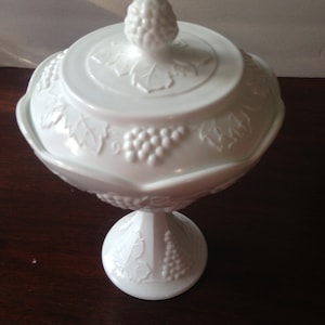 vintage wedding bowl with lid, footed candy dish, compote; harvest grape milk glass bridal shower gift