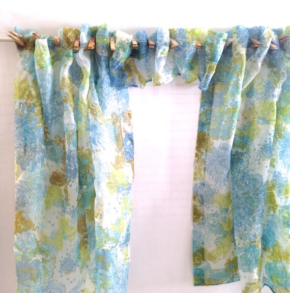 Sweet Blue Teal Green Floral Sheer Cafe Curtain Swag 1 Pair Etsy