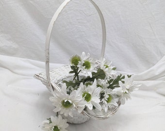 Super Chippy Curved White Basket, Flower Girl Easter Wedding Farmhouse Wicker; small sized 9"x7" wide, with handle 12.5" tall