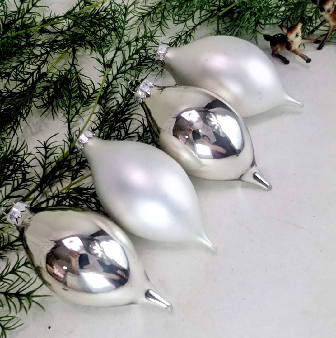 4 Large Teardrop Ornaments in Shiny Silver and Soft Ivory Etsy