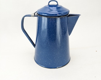 Cafetière vintage en émail bleu cobalt moucheté - Fonctionne et fonctionne ! Maison, jardin, cuisine Décoration champêtre