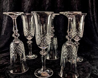 6 Exquisite Vintage NEW Marquis Bohemia 24% Cut Crystal Champaigne Flutes Stemware Glasses - Original Box Labels - Fine Barware