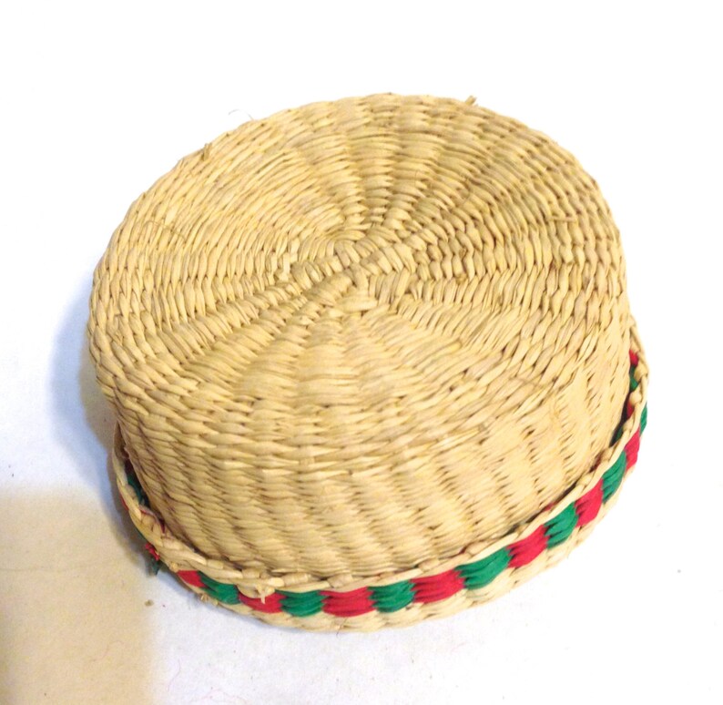Small woven Christmas basket with lid holiday red green bells | Etsy