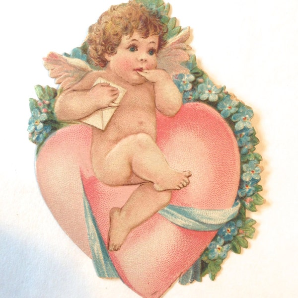 adorable Victorian Cherub Valentine die cut card; vintgage angel with pink heart; new baby idea; old fashioned card  yesteryears; ephemera