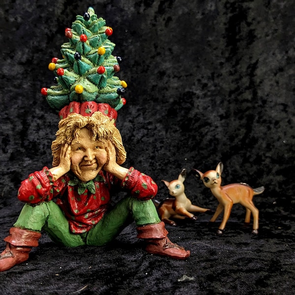 Mark Klaus Patti Pine Kollection Sitting Christmas Tree Elf on a Shelf Sitter, Stocking Stuffer Figurine, Fun Whimsical Gift