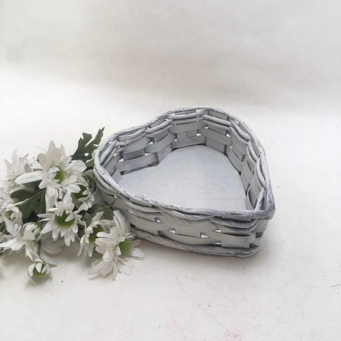Shallow heart shaped wicker basket medium sized gray/white Etsy