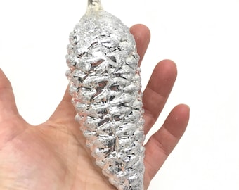 Gorgeous Thin Glass and Light Weight Silver Glass Pine Cone Ornament; Vintage Christmas, Silver Glitter, 5.25" tall 1.75" wide