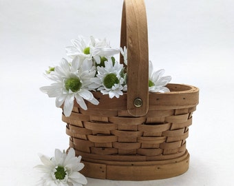 Solid Handwoven Basket with Swinging Handle and Wood Base; Flower Girl Easter Wedding Farmhouse Wicker; Small 8.5"x6.5", 4" deep, 8.5" tall