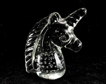 Lovely Unicorn, Clear Controlled Bubble Art Glass, Paperweight Figurines, Girl's Room Feng Shui Water Element, Desk Accessory Office Deck