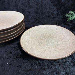 May include: A stack of four brown and beige ceramic dinner plates with a speckled texture. The plates have a brown rim.