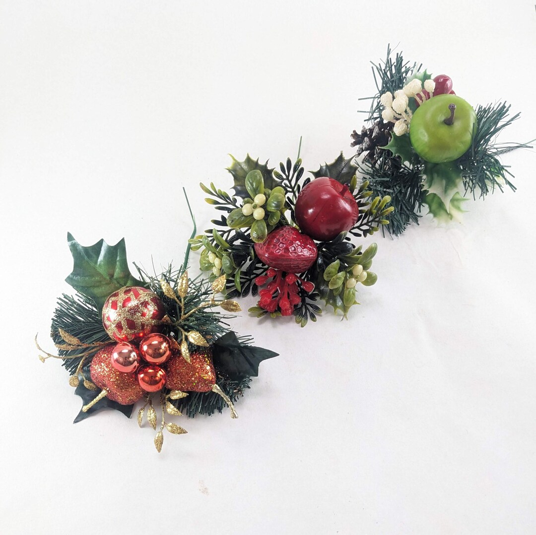 Vintage Floral Picks With Red Ornaments, Apples, Strawberries, and Gold