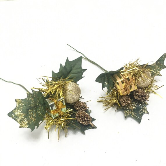 Sparkly Gold Floral Pick With Wrapped Present Natural Etsy