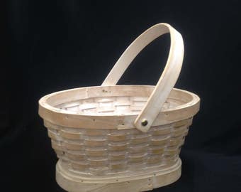 white washed wicker basket, garden basket, white wedding, sturdy oval with swing handle; Christmas office coworker gift idea