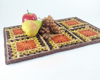 Vibrant Large Raffia Matt, Multifunctional: Placemats Centerpiece Trivet Wall Art Table Saver Heat Pad, Orange Brown Yellow, 17.75" x 12"