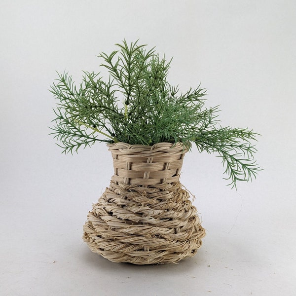 Small Handmade Woven Vase/Basket, Natural Tan Coloring with Great Textures, Whimsically Slanted, 3" opening, 6" wide, 6" tall