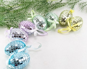 8 Mirrored Disco Egg Ornaments, Blue, Purple, Green, Yellow; Spring Glass Mirror Decorations; Children's Room, Easter Tree, Home Decor