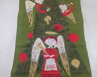 Lovely Avocado Green Tammis Keefe Tea Towel - Christmas Angels Folk Art - High Quality Linen Gift