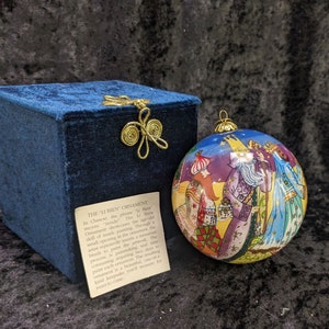 Stunning Reverse Painted Ornament, Li Bien Three Kings 2004 with Blue Satin Lined Original Box, Hand Crafted, Inside Out Large Original