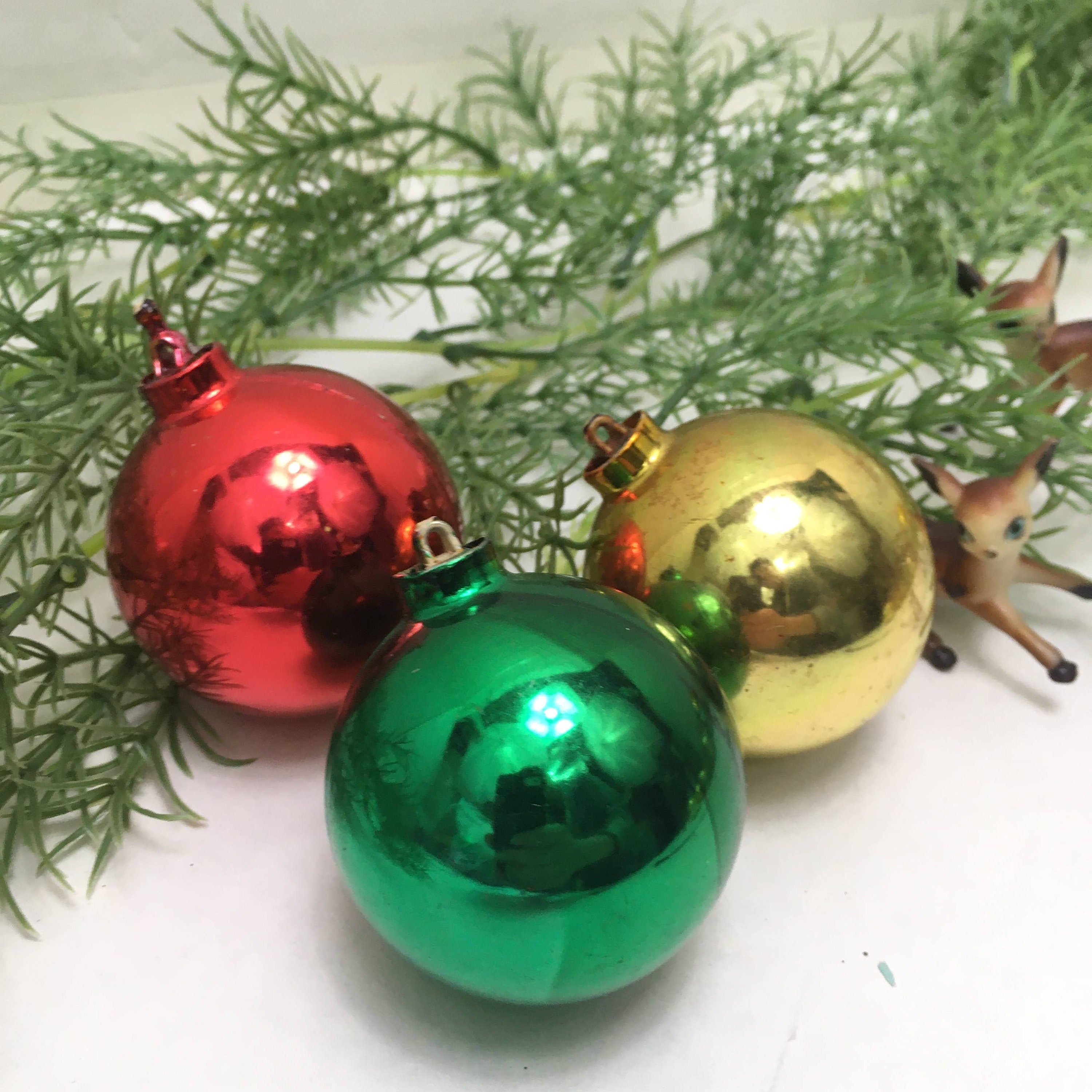 3 Shiny Vintage Unbreakable Ornaments in Red Green and Gold